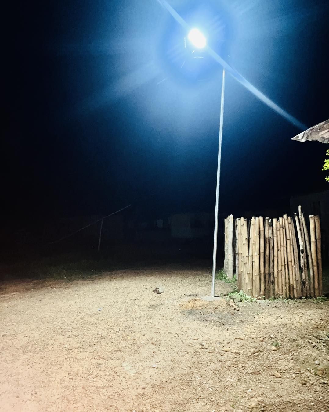 A solar light shining over a village clearing at night